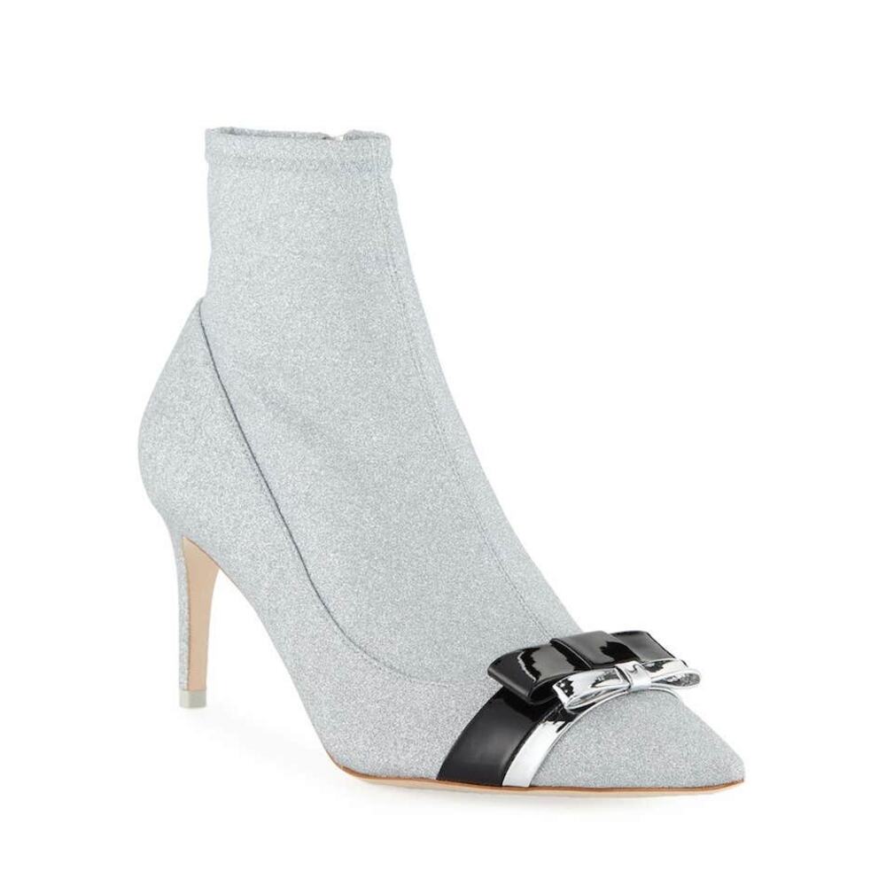 Sophia Webster Andie Bow Mid Heel Stretch Leather Glitter Fabric Ankle Booties